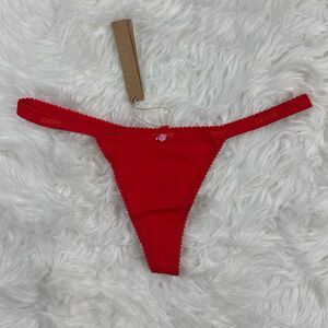 Skims Lightweight Cotton Logo Picot Thong Ruby Tonal Size Small